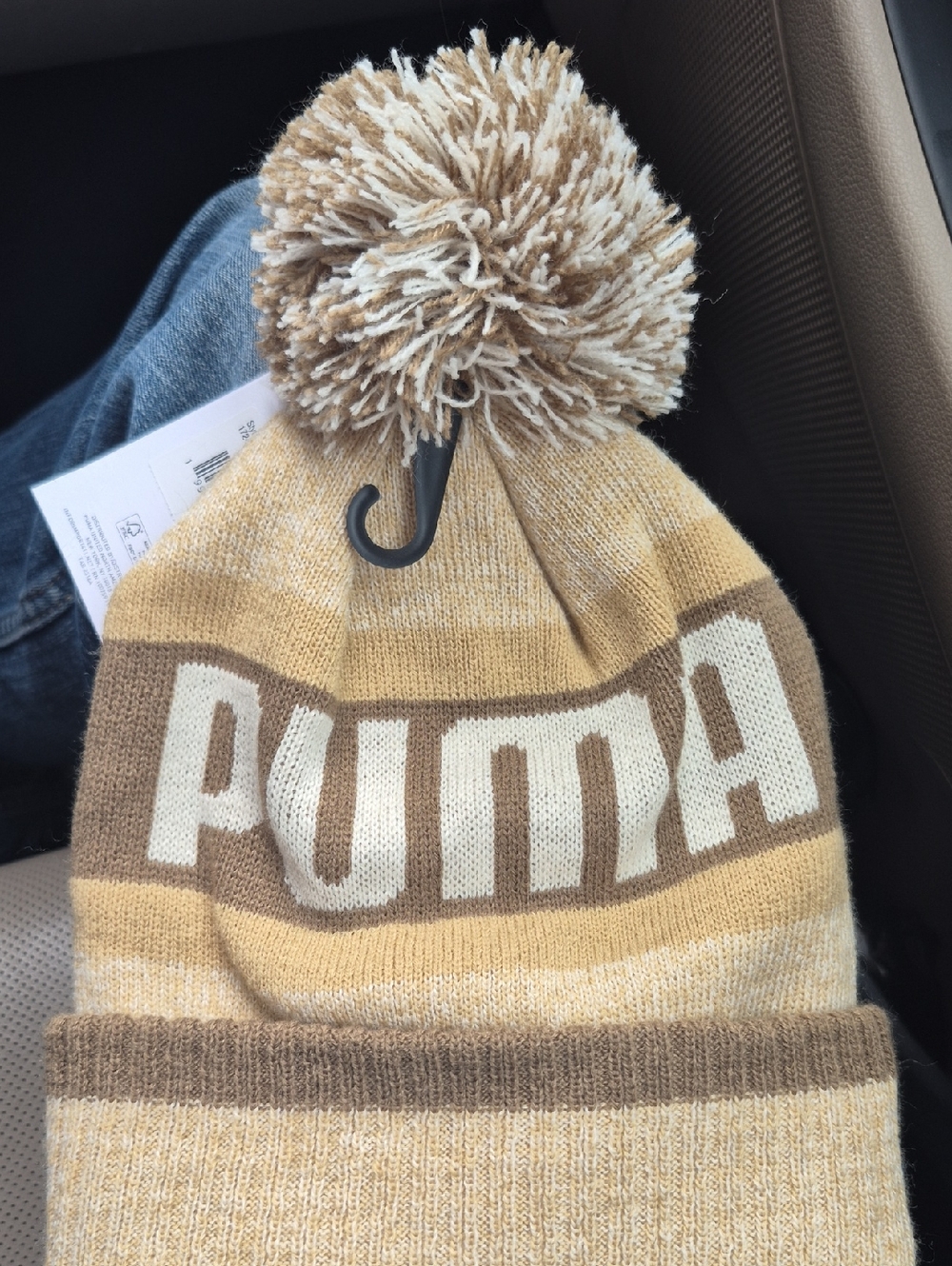 Puma Kids Pom Beanie in Tan, Brown & Cream